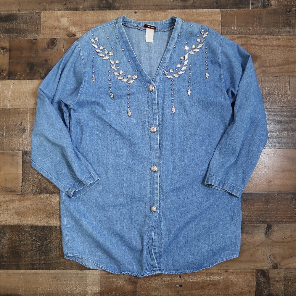 Vintage Liebe Denim V Neck Button Up Womans Large Silver Tone Bling Jeweled 80s